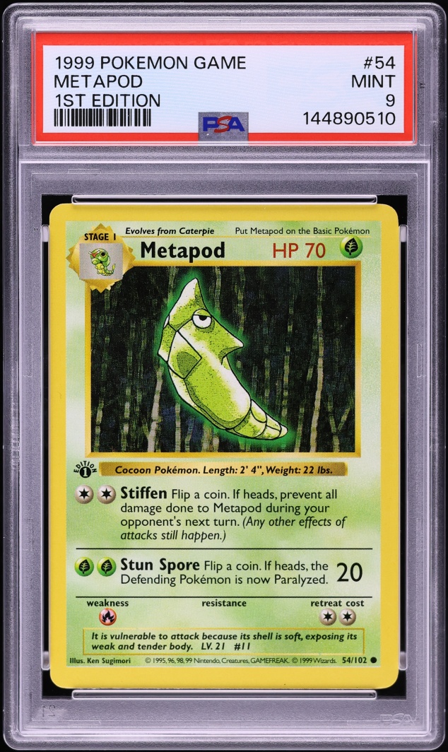 1999 Pokemon Base Set Shadowless 1st Edition Metapod #54 PSA 9 MINT