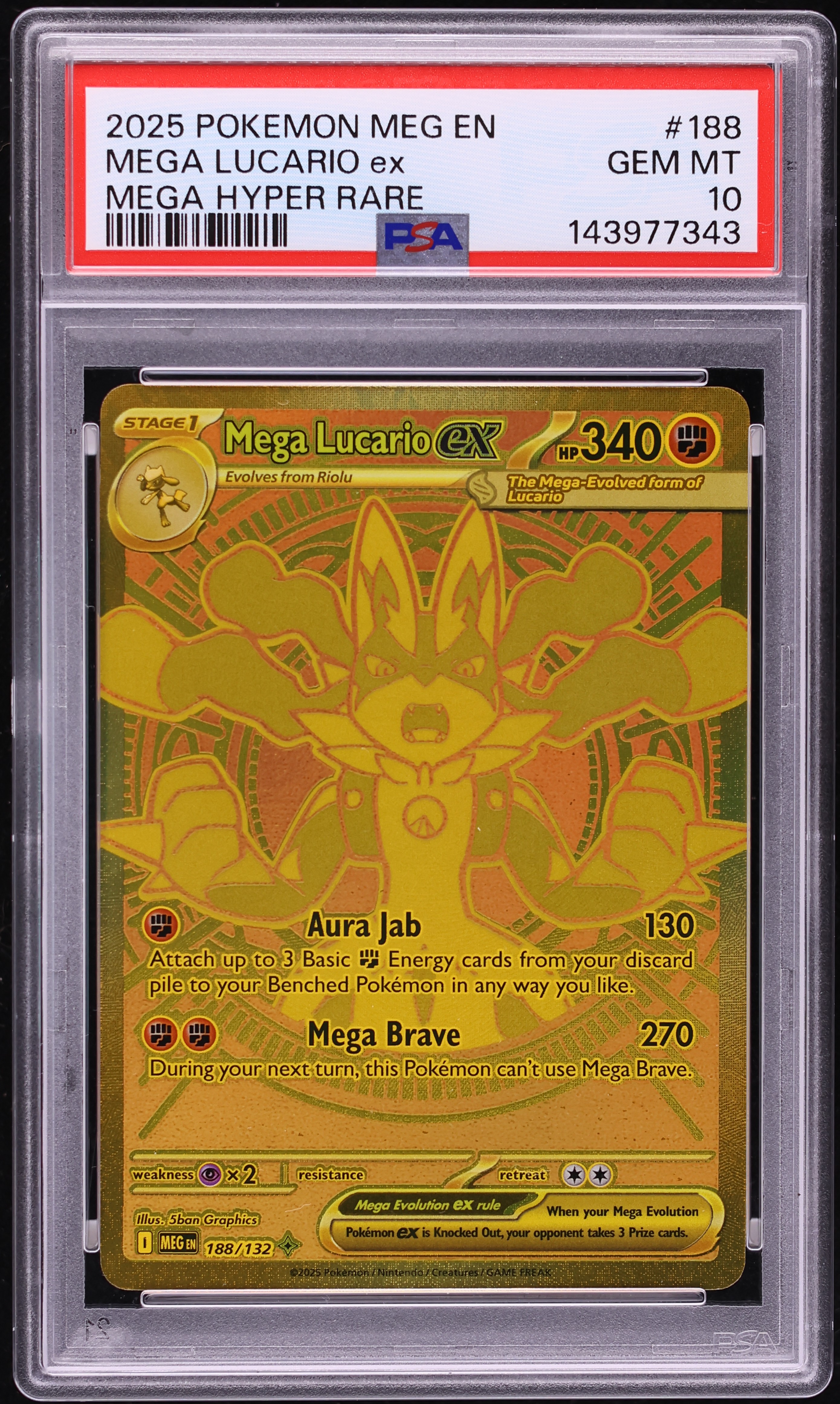 2025 Pokemon Mega Evolution Gold Rare Mega Lucario Ex #188 PSA 10 GEM MINT