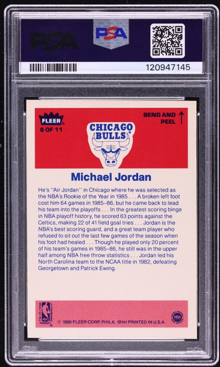 1986 Fleer Sticker Michael Jordan #8 PSA 8 NM-MT