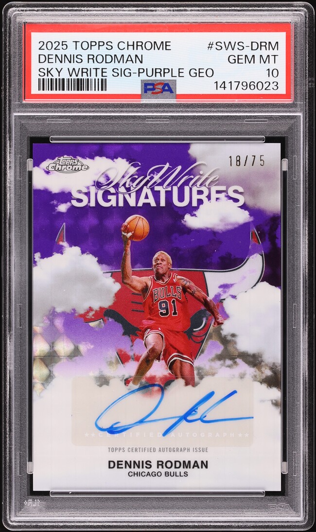 2025 Topps Chrome Sky Write Signatures Purple Geo Dennis Rodman AUTO /75 #SWS-DRM PSA 10