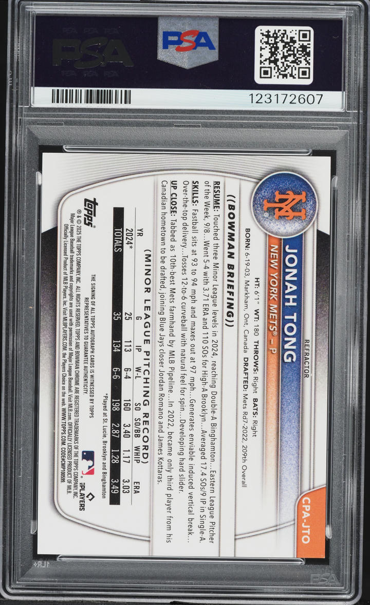2025 Bowman Chrome Jonah Tong PROSPECT AUTO /499 #CPA-JTO PSA 10 GEM MINT