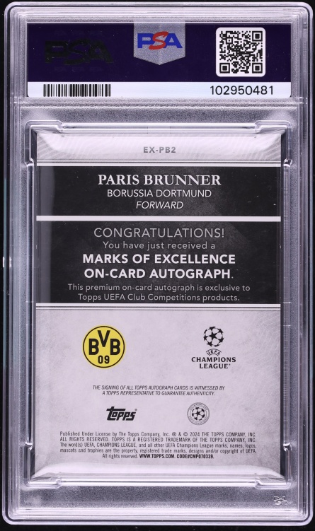 2023 Topps Merlin UEFA CC Marks Of Excellence Gold Foil Paris Brunner ROOKIE AUTO /50 PSA 8 - Photo 2