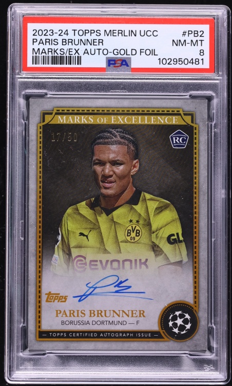 2023 Topps Merlin UEFA CC Marks Of Excellence Gold Foil Paris Brunner ROOKIE AUTO /50 PSA 8 - Photo 1