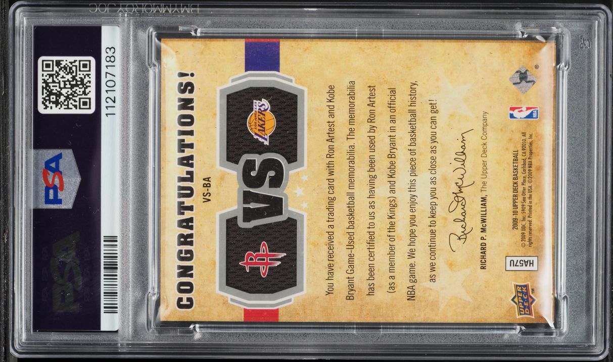 2009 Upper Deck VS Dual Kobe Bryant Ron Artest PATCH /600 #VS-BA PSA 9 MINT - Photo 2