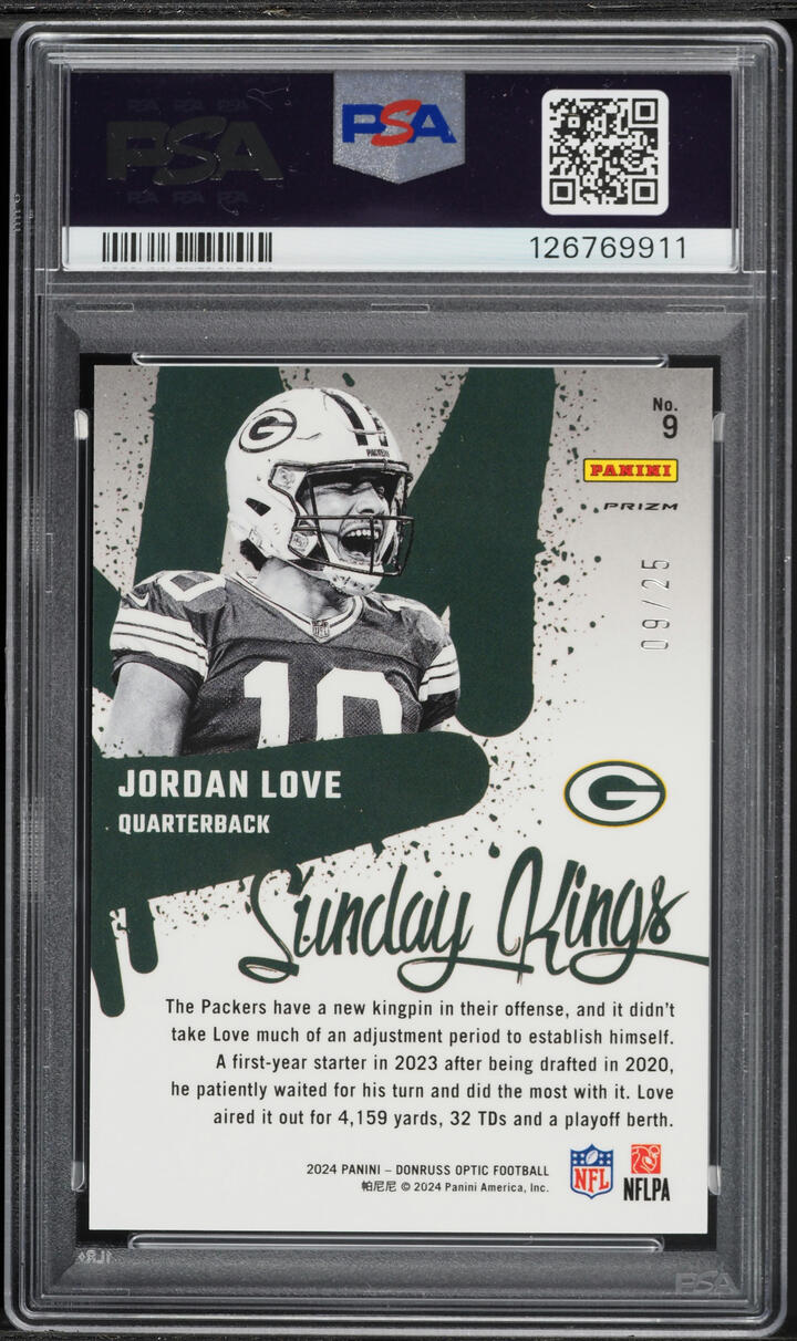 2024 Donruss Optic Sunday Kings Black Pandora Jordan Love /25 #9 PSA 10 GEM MINT - Photo 2