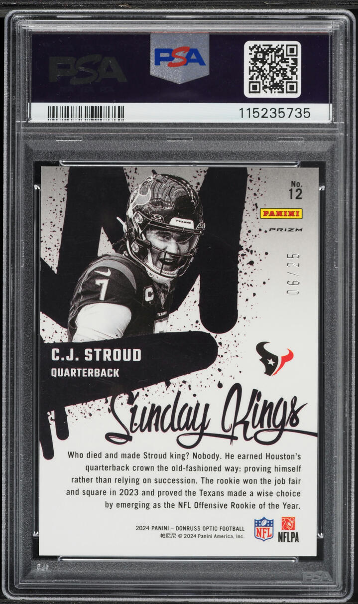 2024 Donruss Optic Sunday Kings Black Pandora CJ Stroud /25 #12 PSA 10 GEM MINT - Photo 2