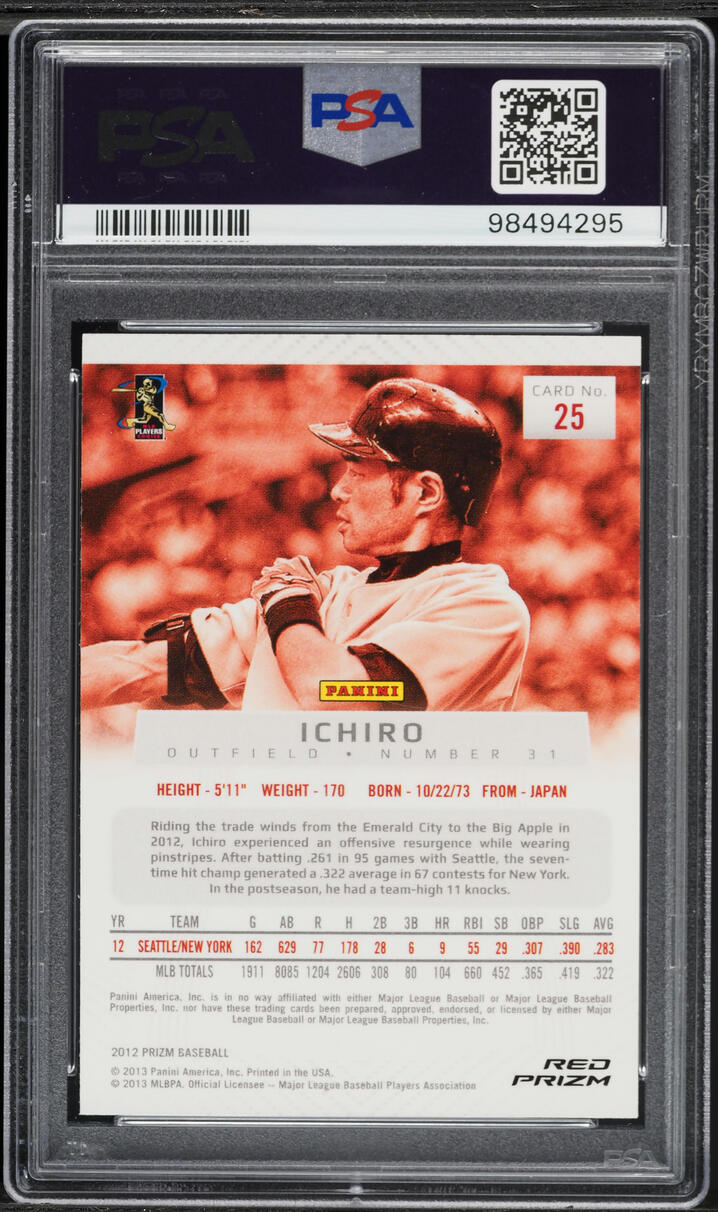 2012 Panini Prizm Red Ichiro #25 PSA 10 GEM MINT - Photo 2