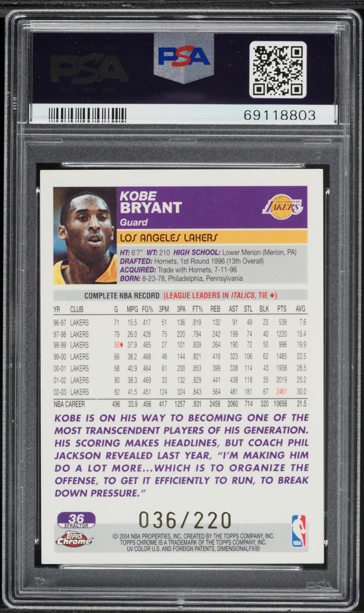 2003 Topps Chrome Xfractor Kobe Bryant /220 #36 PSA 9 MINT - Photo 2