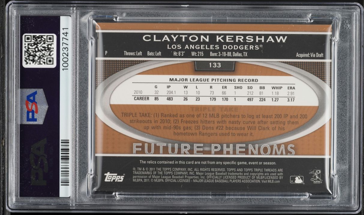 2011 Topps Triple Threads Sepia Clayton Kershaw PATCH AUTO DNA 10 /75 #133 PSA 8 NM-MT - Photo 2