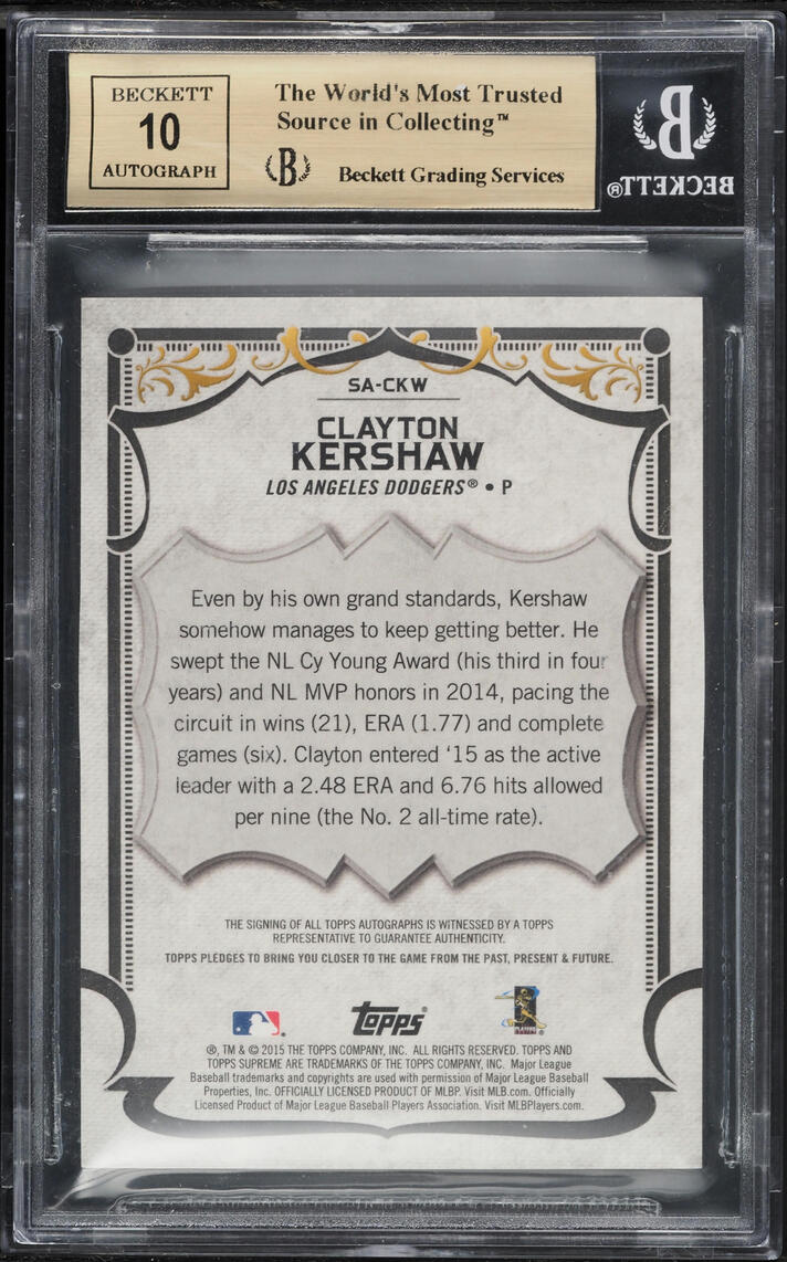 2015 Topps Supreme Clayton Kershaw AUTO #SA-CKW BGS 9.5 GEM MINT - Photo 2