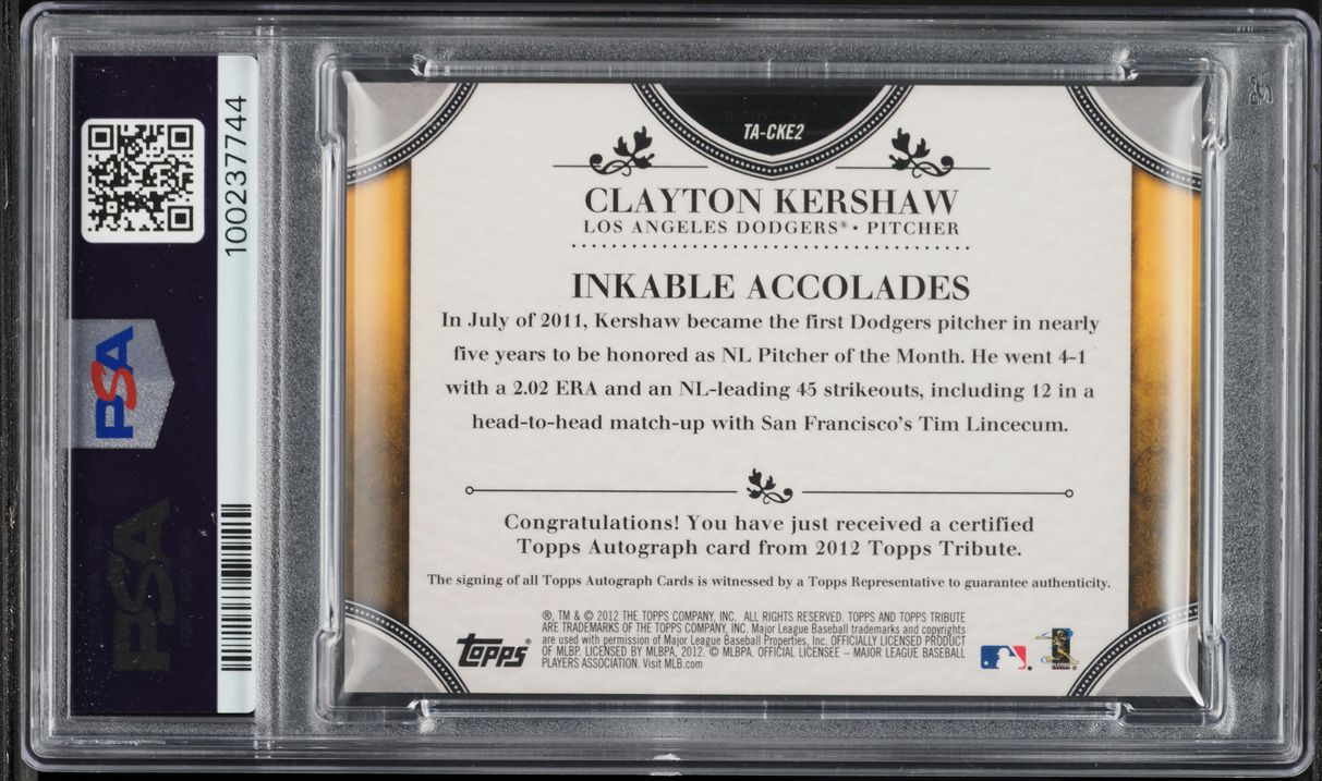 2012 Topps Tribute Clayton Kershaw AUTO DNA 10 /99 #TA-CKE2 PSA 8 NM-MT - Photo 2