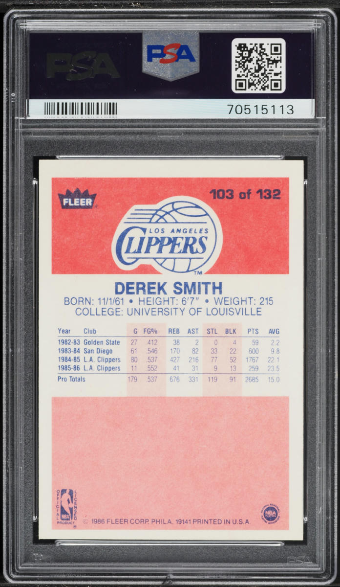 1986 Fleer Basketball Derek Smith #103 PSA 6 EXMT
