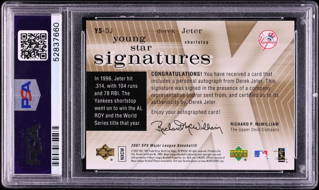 2007 SPx Young Star Derek Jeter AUTO DNA 10 #YS-DJ PSA 8 NM-MT