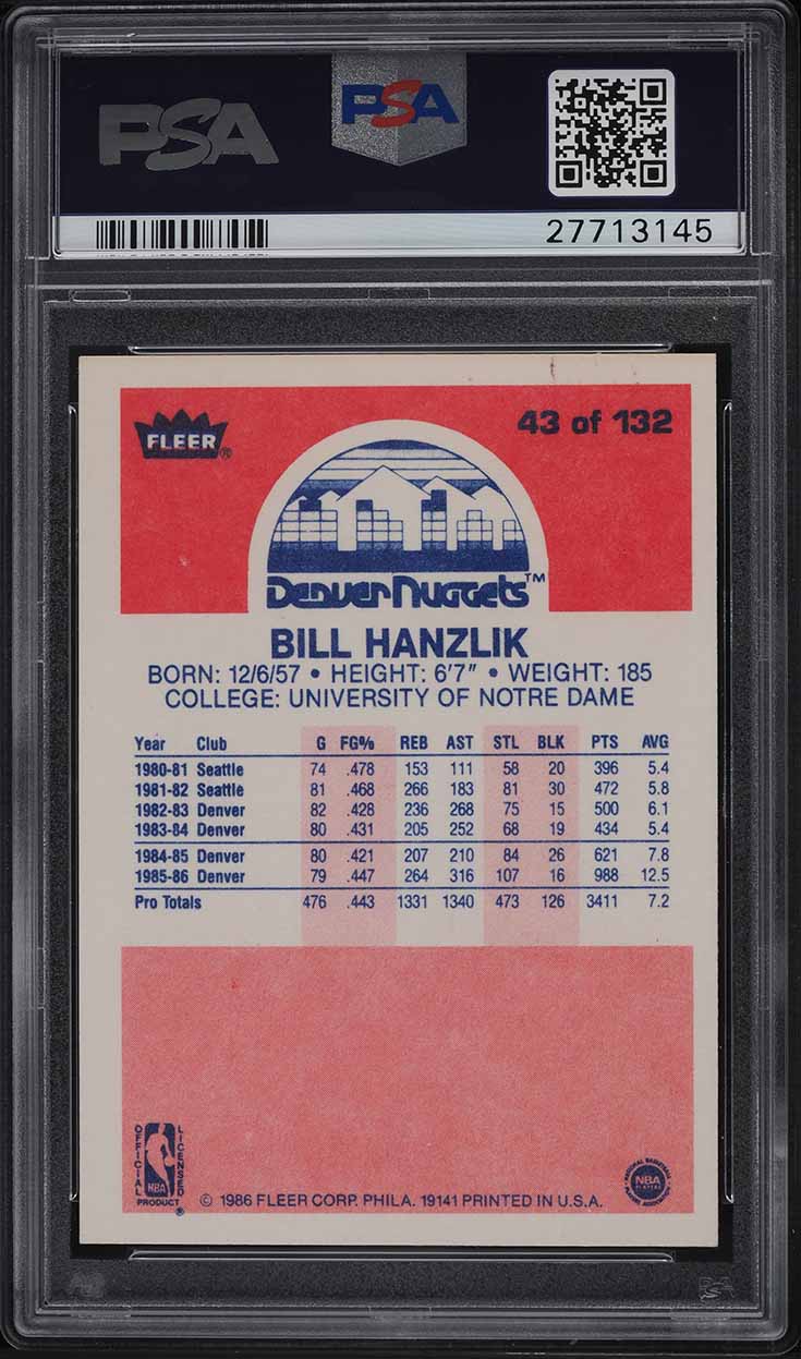 1986 Fleer Basketball Bill Hanzlik #43 PSA 9 MINT