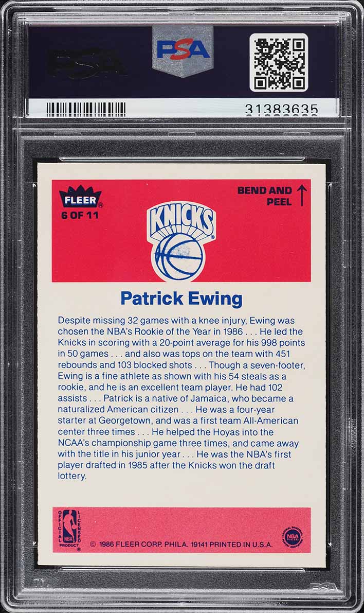 1986 Fleer Sticker Patrick Ewing ROOKIE #6 PSA 10 GEM MINT