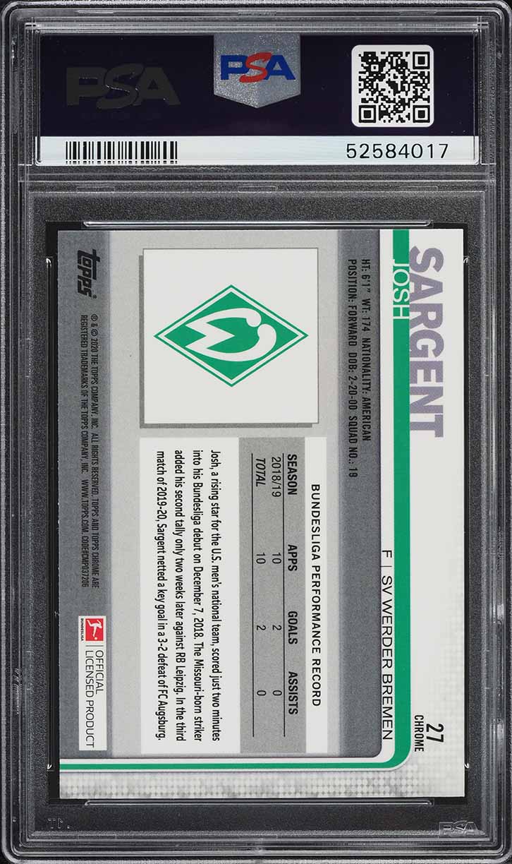 2019 Topps Chrome Bundesliga Josh Sargent #27 PSA 9 MINT