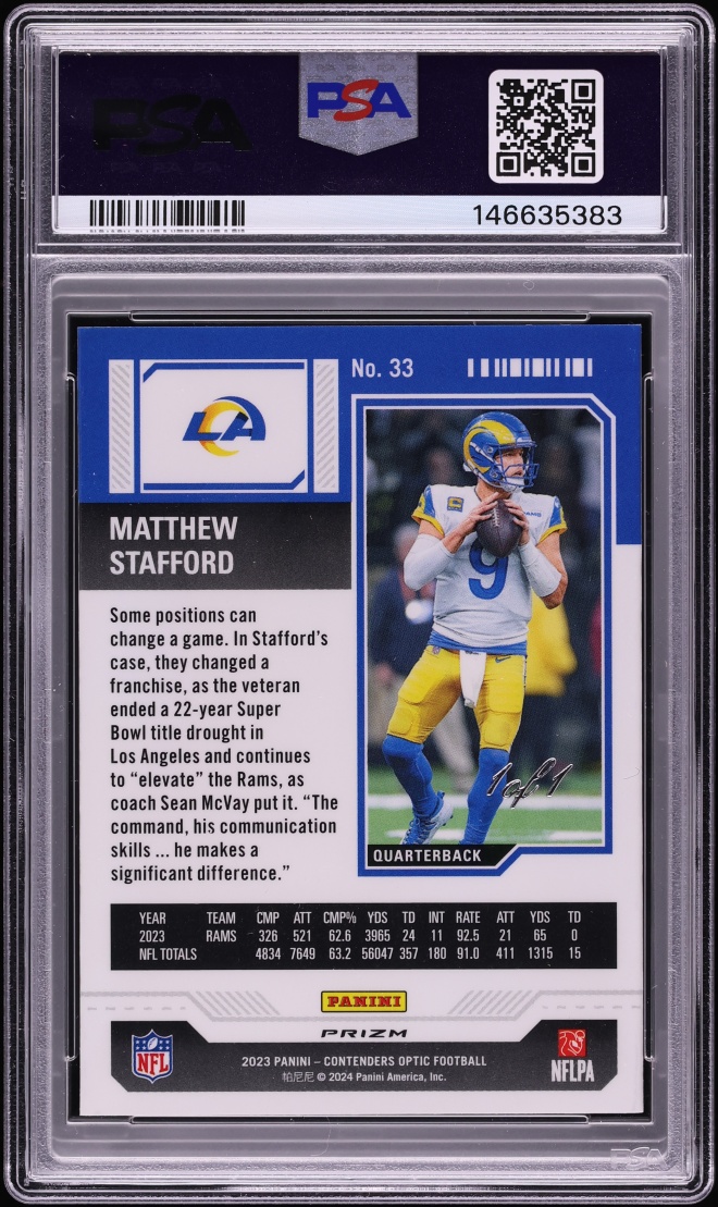 2023 Panini Contenders Optic Gold Vinyl Matthew Stafford 1/1 #33 PSA 9 MINT - Photo 2
