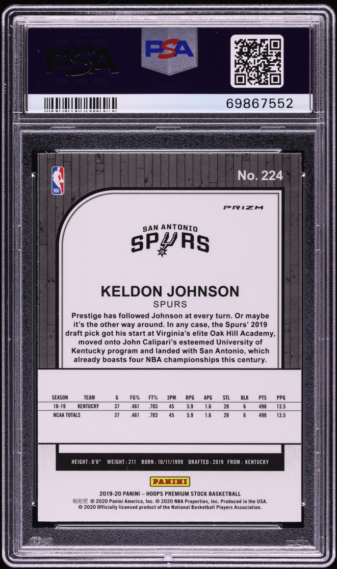 2019 Hoops Premium Stock Pulsar Keldon Johnson ROOKIE #224 PSA 10 GEM MINT
