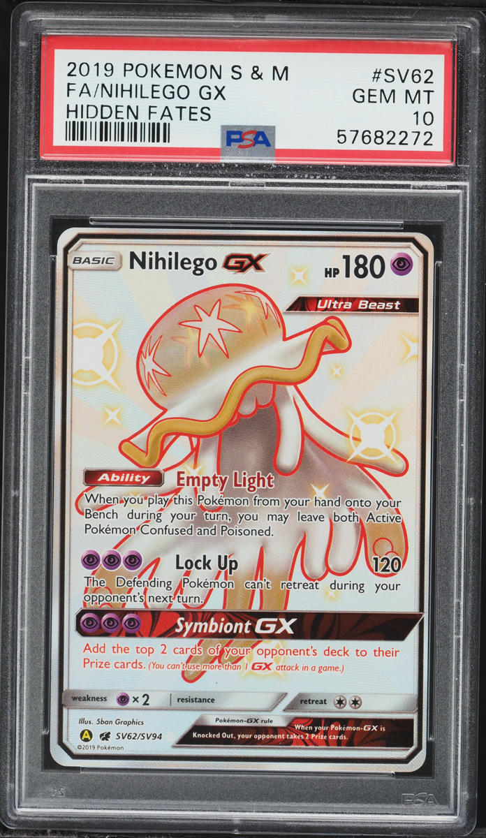 2019 Pokemon Sun & Moon Hidden Fates Full Art Nihilego GX #SV62 PSA 10 GEM MINT