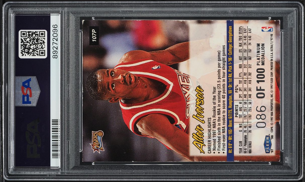 1997 Ultra Platinum Medallion Allen Iverson /100 #107P PSA AUTH