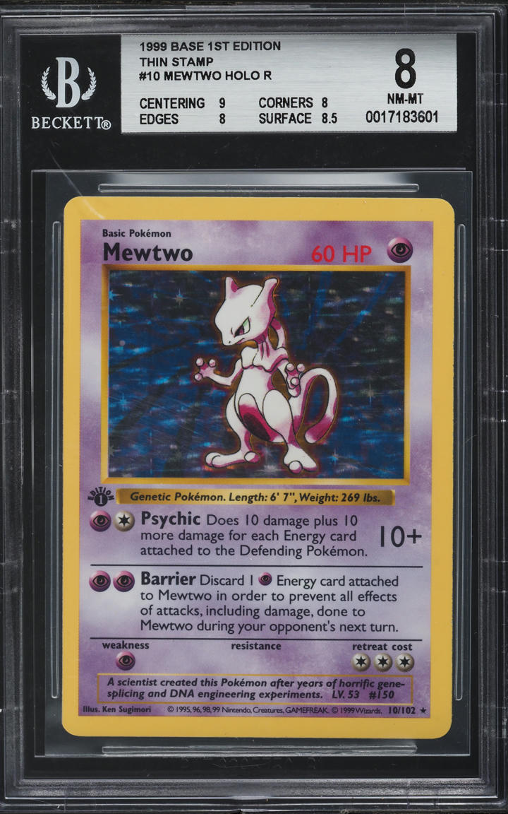 1999 Pokemon Base Set Shadowless 1st Edition Thin Stamp Holo Mewtwo #10 BGS 8