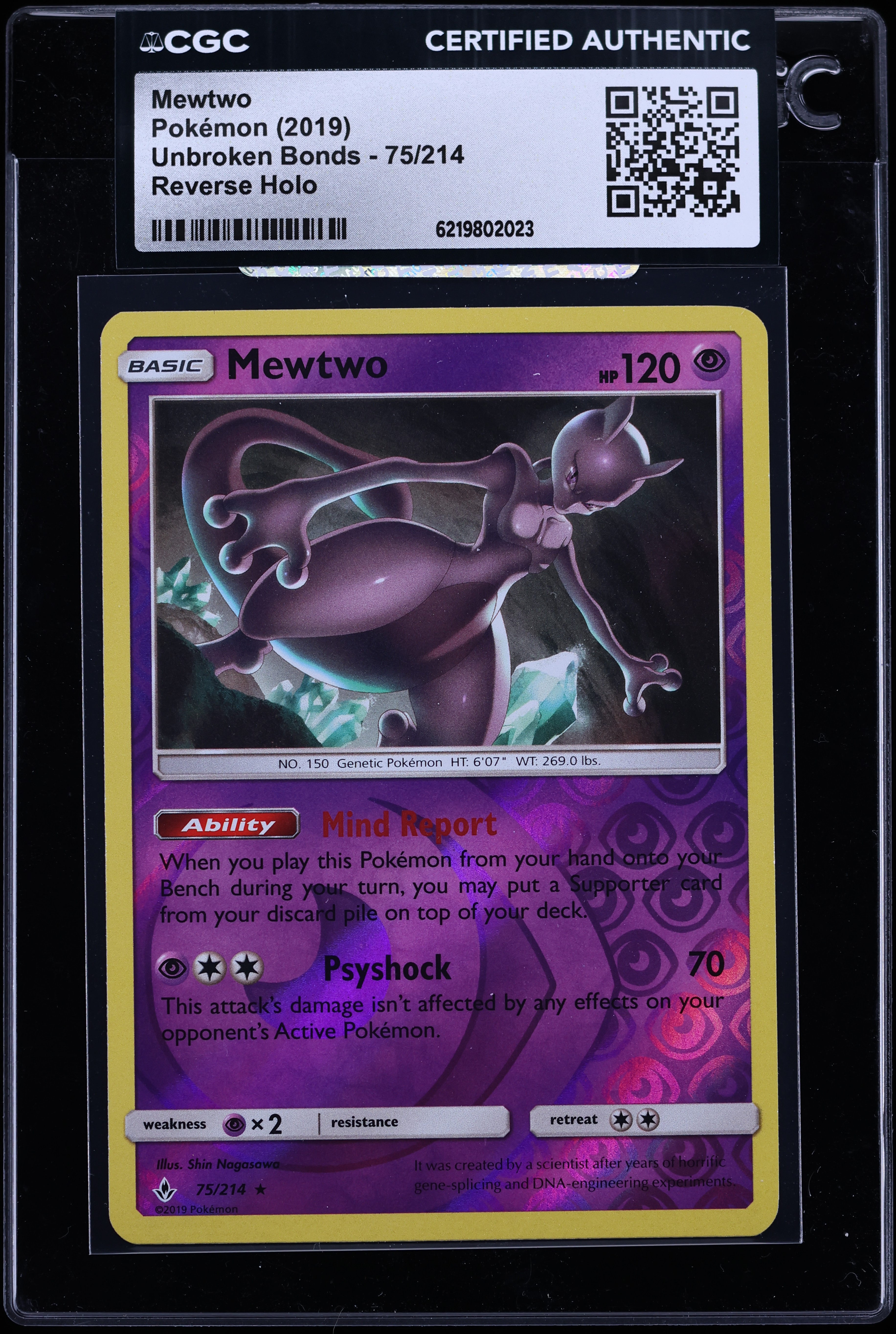 2019 Pokemon Sun & Moon Unbroken Bonds Reverse Holo Mewtwo #75 CGC AUTH