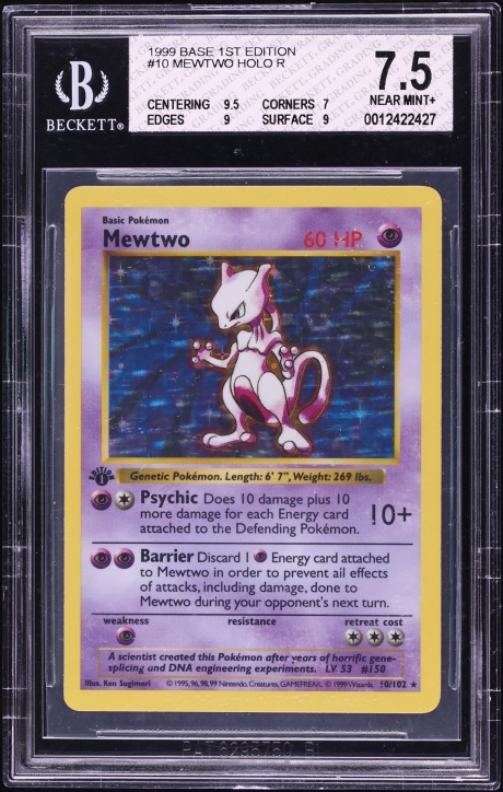 1999 Pokemon Base Set Shadowless 1st Edition Holo Mewtwo #10 BGS 7.5 NRMT+