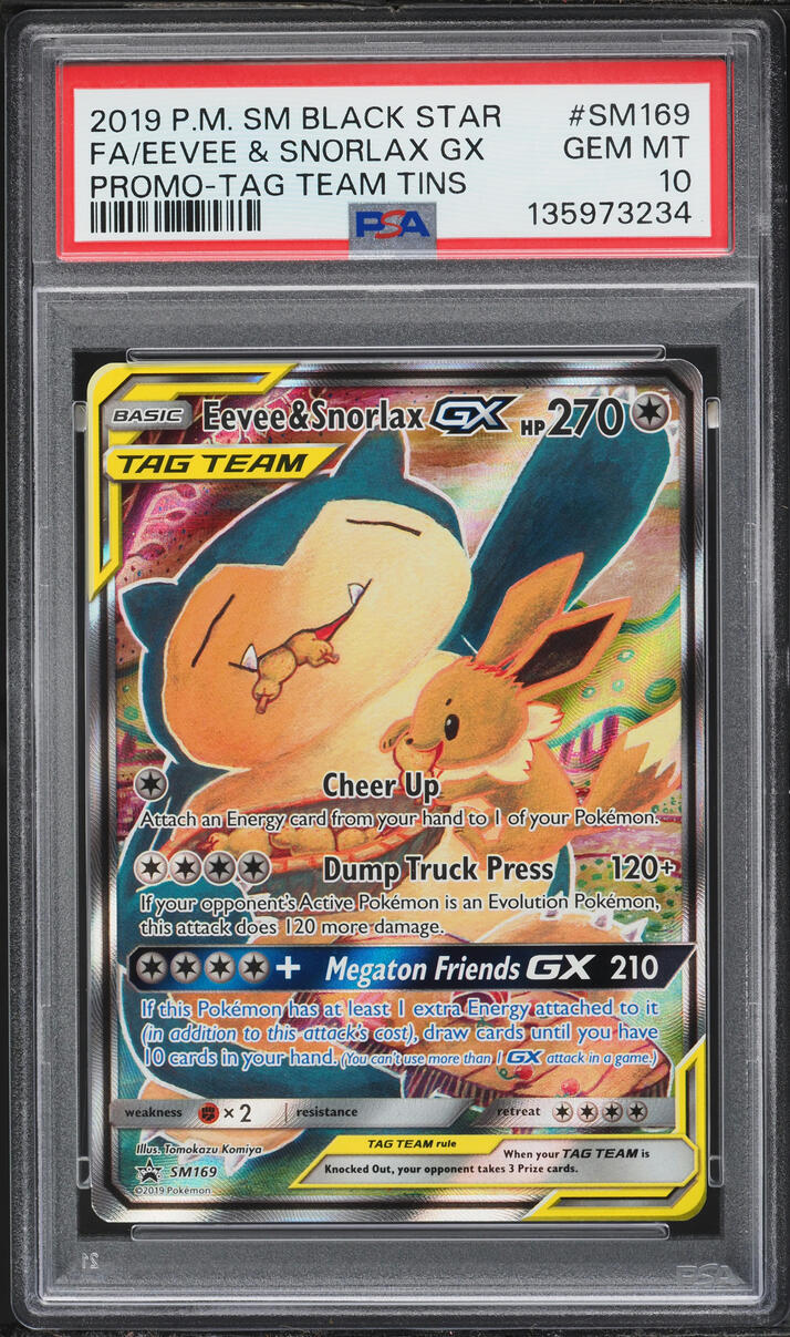 2019 Pokemon Sun & Moon Promo Tag Team Tins Full Art Eevee & Snorlax GX #SM169 PSA 10 GEM MINT