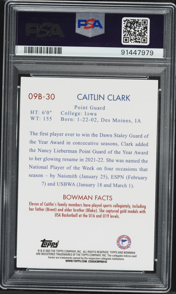 2022 Bowman University '09 Caitlin Clark ROOKIE #09B-30 PSA 10 GEM MINT