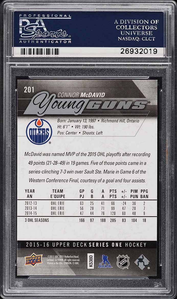 2015 Upper Deck Young Guns Connor McDavid ROOKIE #201 PSA 10 GEM MINT