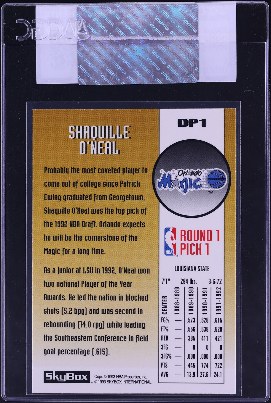1992 Skybox Draft Picks Shaquille O'Neal ROOKIE #DP1 CGC AUTH