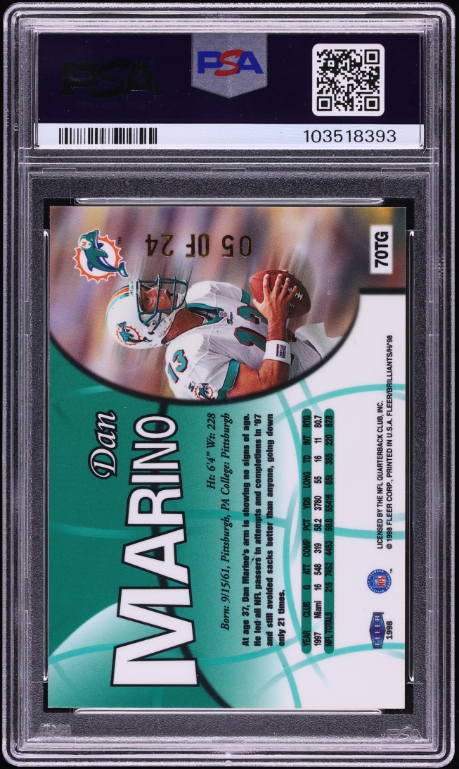 1998 Fleer Brilliants 24 Karat Gold Dan Marino /24 #70TG PSA 8 NM-MT - Photo 2