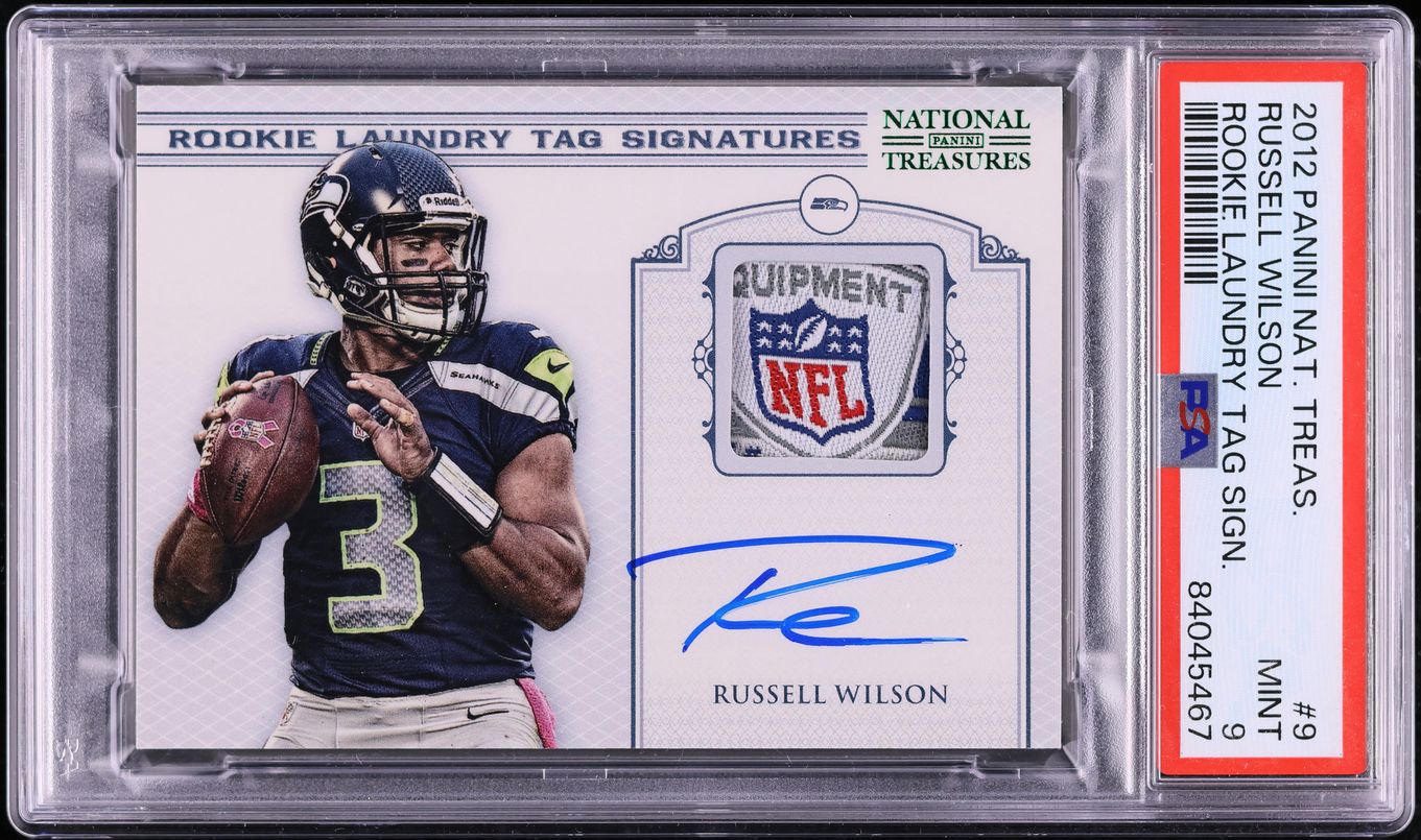 2012 National Treasures Laundry Tag Russell Wilson ROOKIE PATCH AUTO /10 PSA 9 MINT