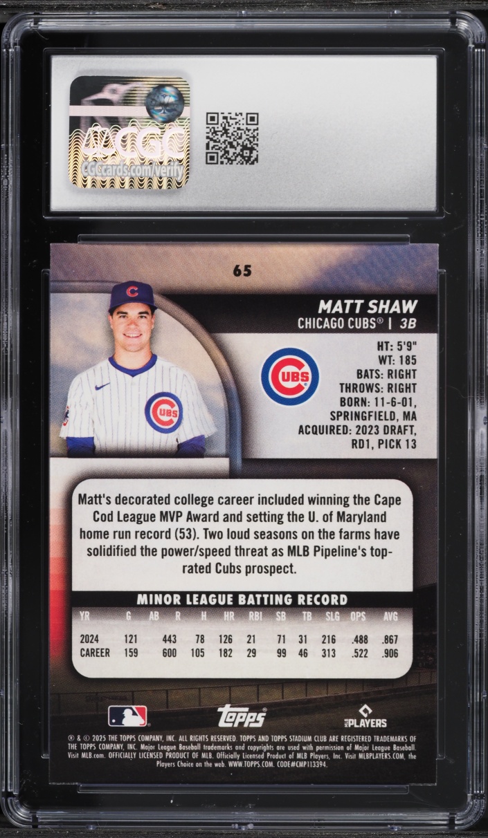 2025 Stadium Club Matt Shaw ROOKIE #65 CGC 10 GEM MINT