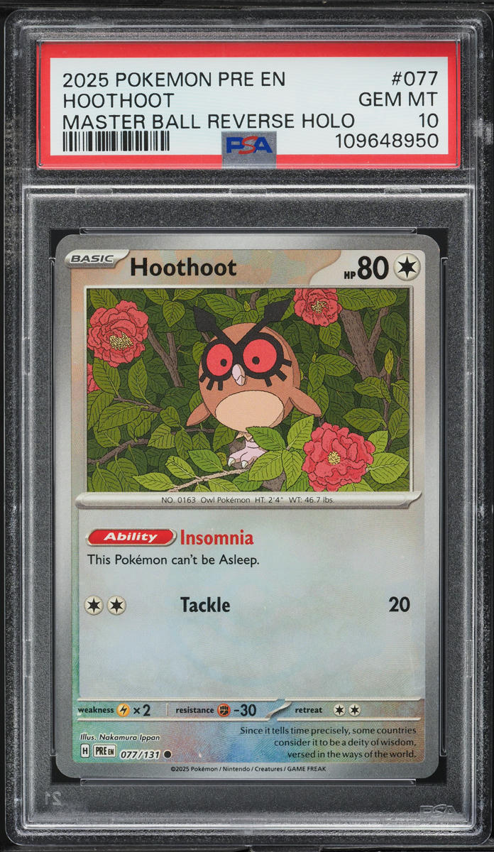 2025 Pokemon SV Prismatic Evolutions Master Ball Reverse Holo Hoothoot PSA 10 - Main Image