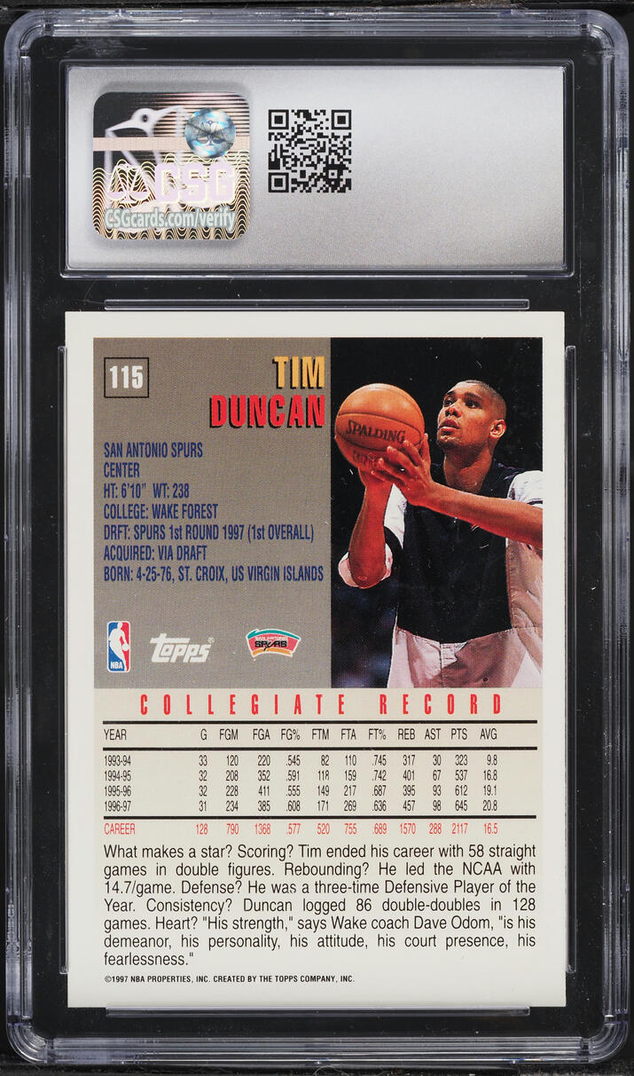 1997 Topps Basketball Tim Duncan ROOKIE #115 CSG 9 MINT