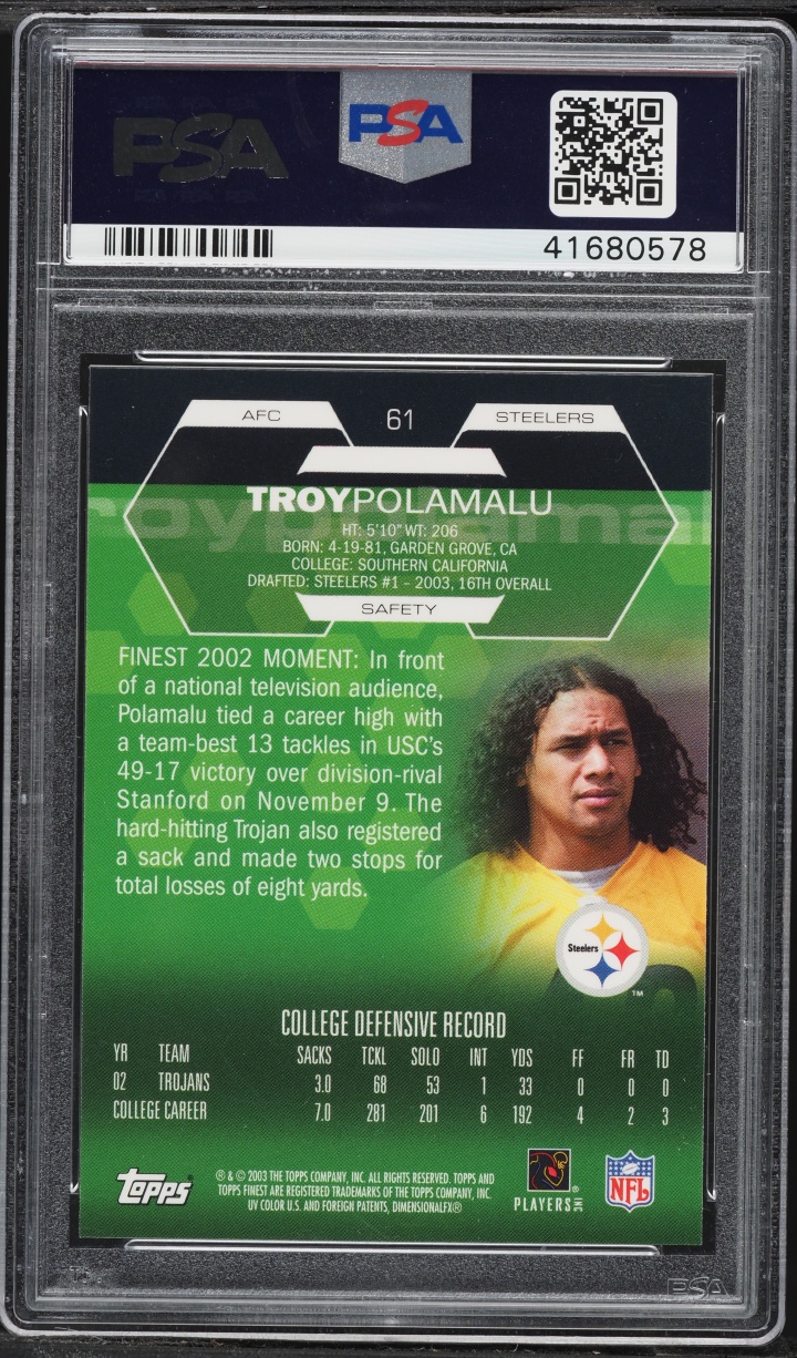 2003 Finest Football Troy Polamalu ROOKIE #61 PSA 9 MINT