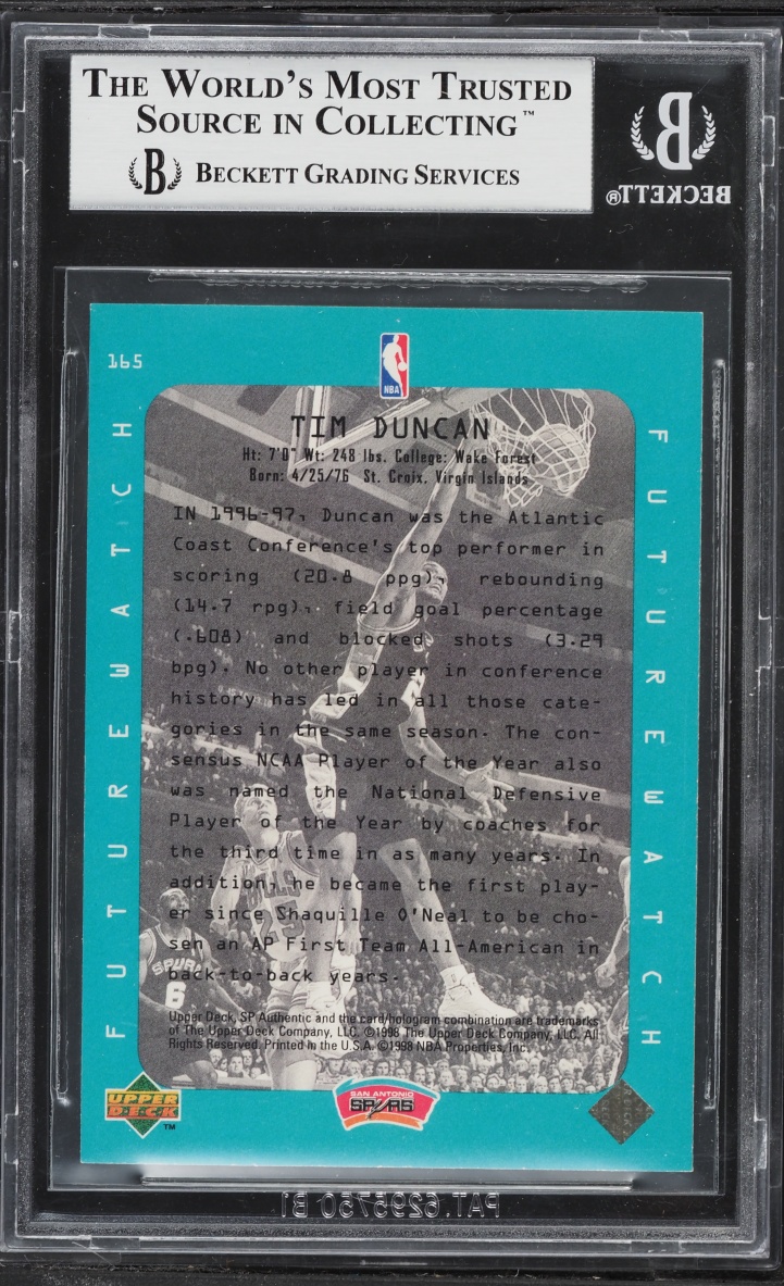 1997 SP Authentic Tim Duncan ROOKIE #165 BGS 9 MINT