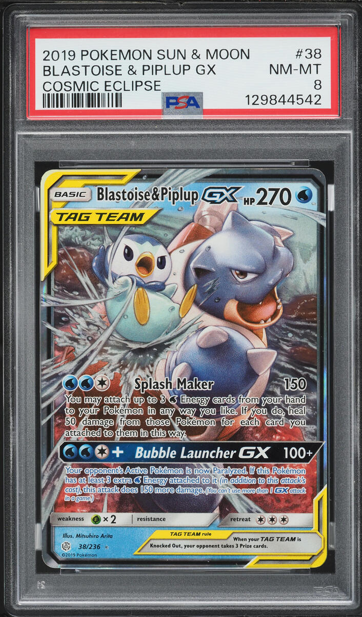 2019 Pokemon Sun & Moon Cosmic Eclipse Blastoise & Piplup GX #38 PSA 8 NM-MT