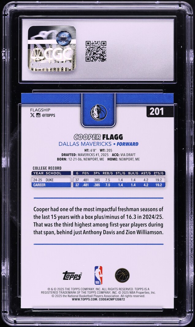 2025 Topps Basketball Cooper Flagg ROOKIE #201 CGC 10 GEM MINT - Photo 2