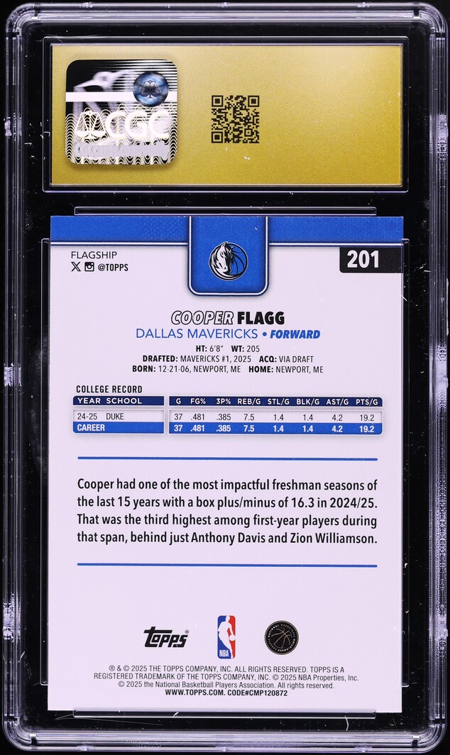 2025 Topps Basketball Cooper Flagg ROOKIE #201 CGC 10 PRISTINE - Photo 2