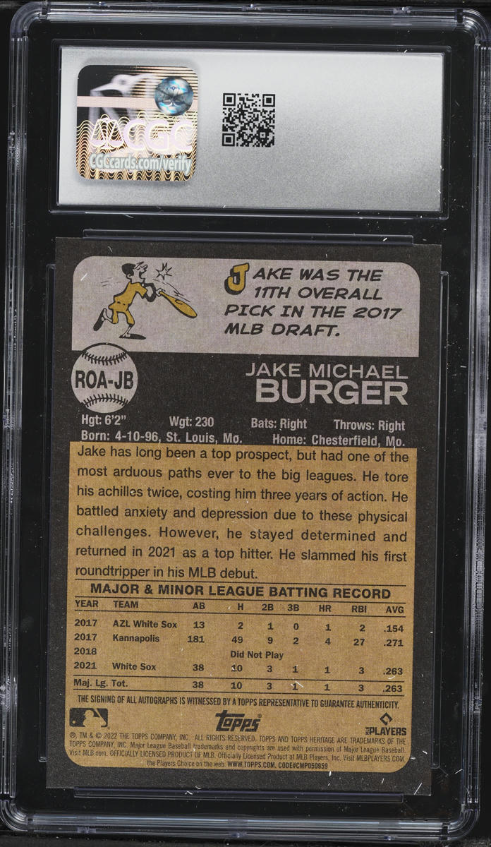2022 Topps Heritage Real One Jake Burger ROOKIE AUTO #ROA-JB CGC 10 GEM MINT