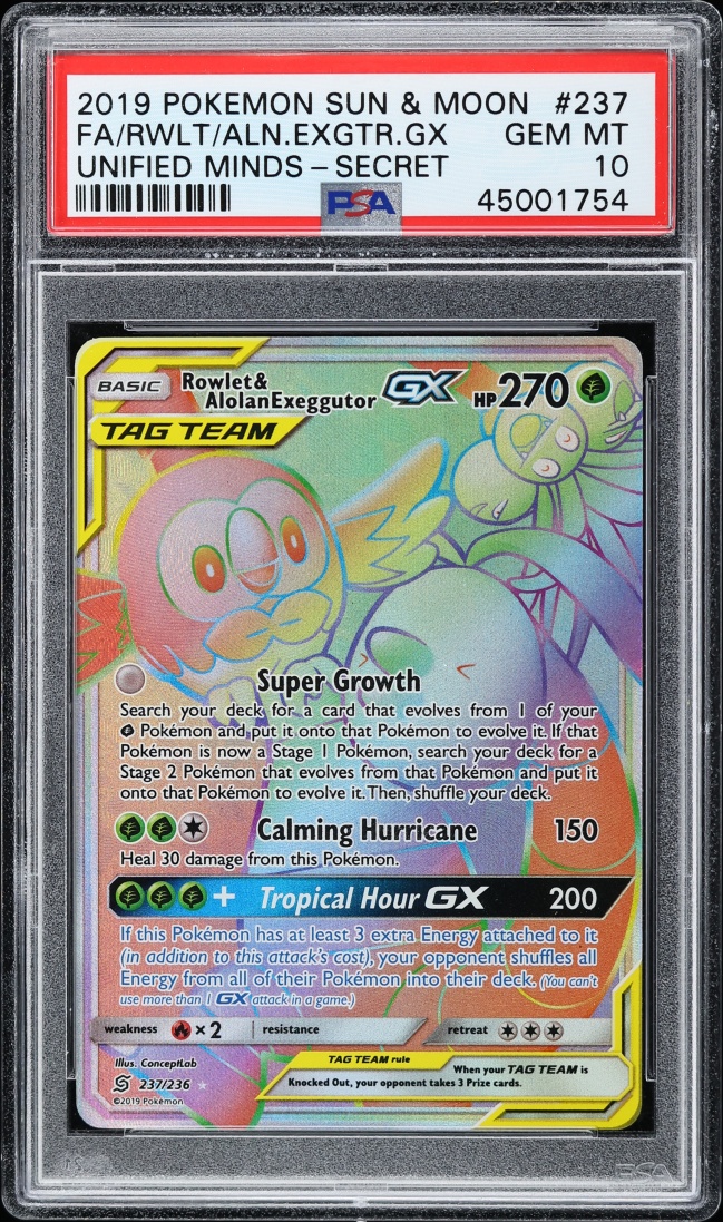 2019 Pokemon Sun & Moon Unified Minds Rainbow Rare Rowlet Alolan Exeggutor GX #237 PSA 10 GEM