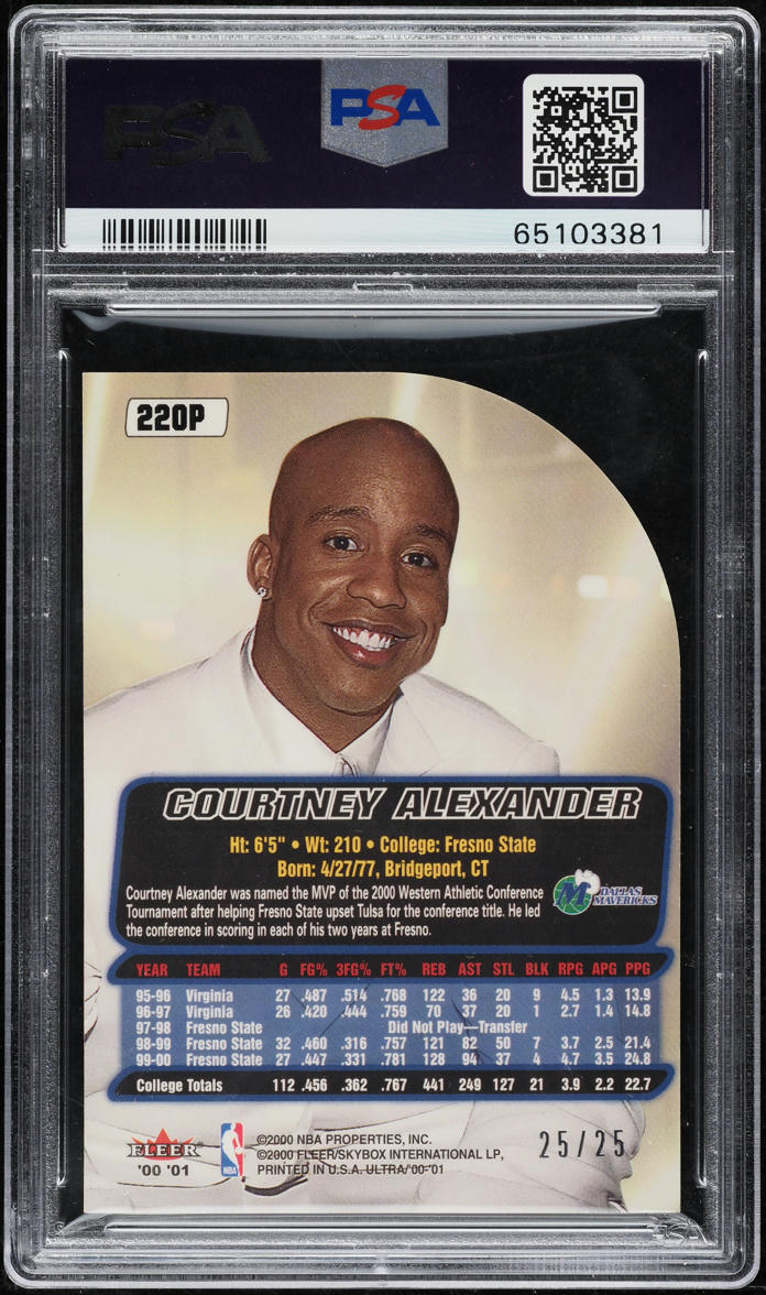 2000 Ultra Platinum Medallion Courtney Alexander ROOKIE 25/25 #220P PSA 9 MINT