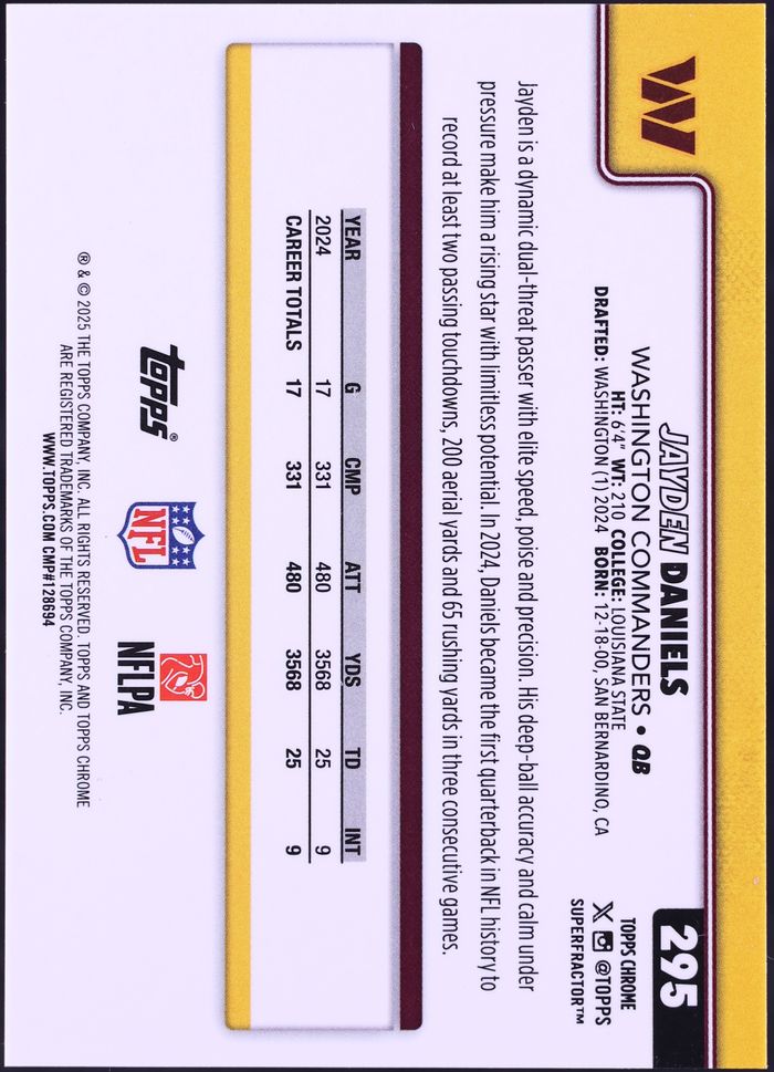 2025 Topps Chrome Etch Variation Superfractor Jayden Daniels 1/1 #295 CGC AUTH