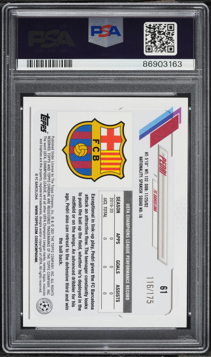 2020 Topps Chrome UEFA CL Pink Mini Diamond Refractor Pedri ROOKIE /175 #61 PSA 10 GEM MINT