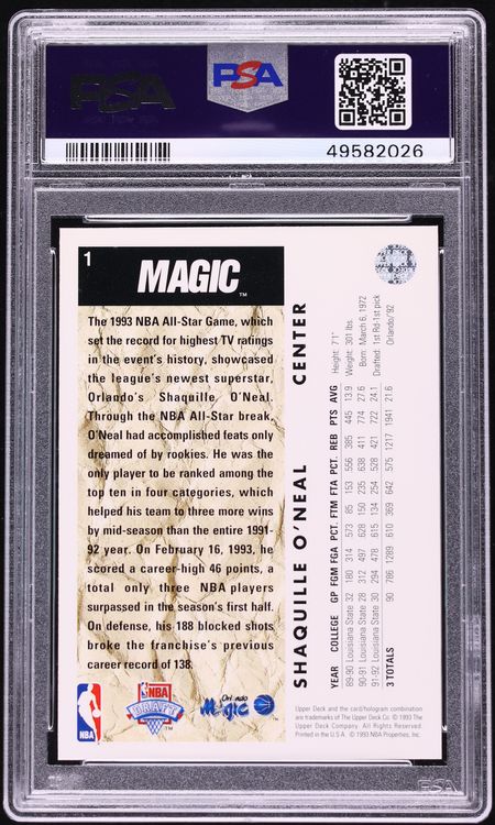 1992 Upper Deck Basketball Shaquille O'Neal ROOKIE #1 PSA 7 NRMT