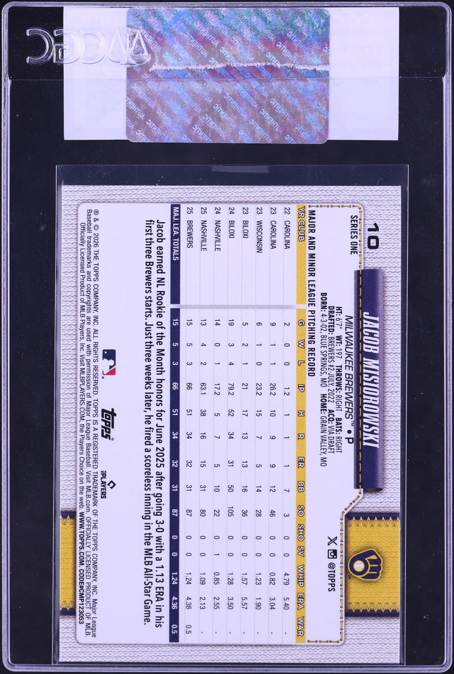 2026 Topps Jacob Misiorowski ROOKIE #10 CGC AUTH