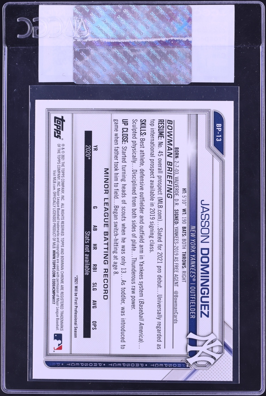 2021 Bowman Camo Jasson Dominguez PROSPECT #BP-13 CGC AUTH