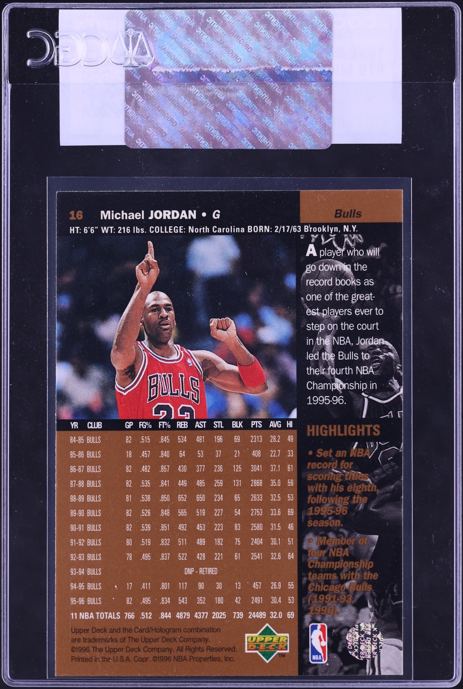 1996 Upper Deck Basketball Michael Jordan #16 CGC AUTH